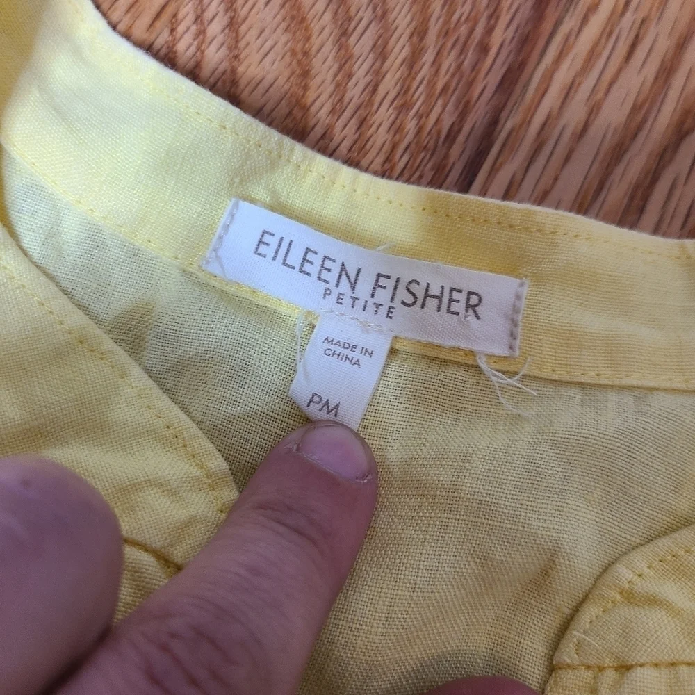 Eileen Fisher Medium Petite Pale Yellow Organic Linen Button Front Blouse - Picture 5 of 8
